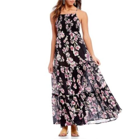 Free People Garden Party Dress Onyx Floral Smocked Bust Adjustable Tie Straps - Picture 3 of 8